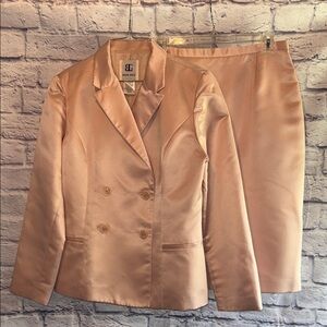 Double-Breasted Peach Satin Blazer & Skirt Set
